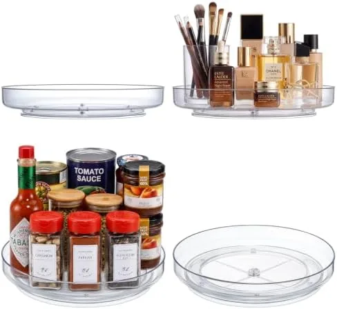 Four clear acrylic lazy susan turntables stacked together