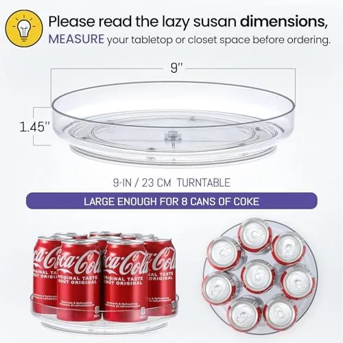 A clear acrylic turntable holding spice jars in a kitchen cabinet