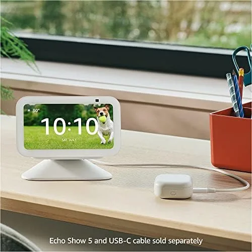 Side by side of an adjustable stand, a flat dock, and a wall mounted Echo Show 5