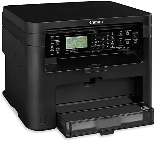 The printer with the front paper tray pulled out showing a full stack of paper