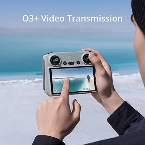 Close up of the DJI RC screen showing the flight interface and camera settings