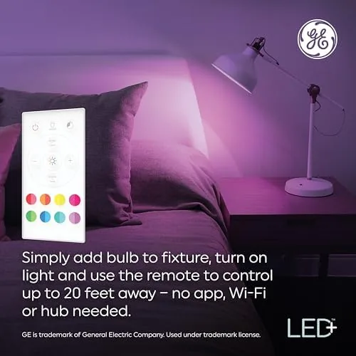 Living room lit in blue by the GE LED+ bulbs during an evening movie session