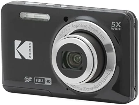 KODAK PIXPRO FZ55 black camera held in one hand showing the lens and controls