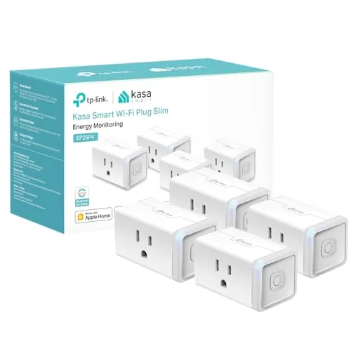 A Kasa Smart Plug Mini EP25P4 plugged into a wall outlet with a lamp connected