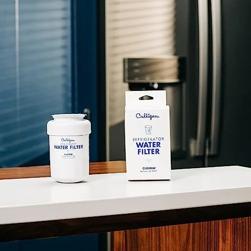 Freshly replaced filter in the refrigerator with the dispenser in use