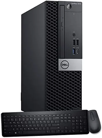 Dell OptiPlex 7070 SFF desktop on a desk with wireless keyboard and mouse