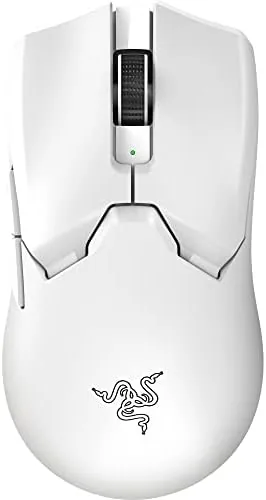 The white Razer Viper V2 Pro Hyperspeed mouse on a gaming desk with its receiver