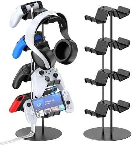 Kytok controller stand with four tiers of controllers arranged on a desk