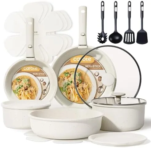 CAROTE cream white cookware set with detachable handles arranged on a counter