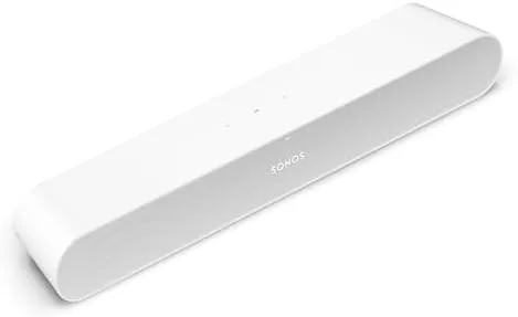Sonos Ray soundbar in white sitting under a television