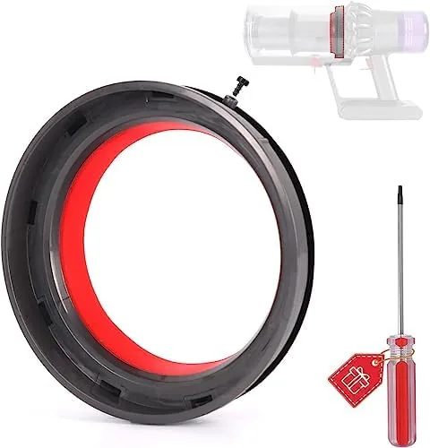 The Dyson dust bin sealing ring held next to an opened bin top