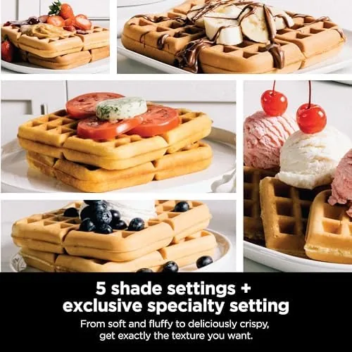 The five shade control dial on the front of the waffle maker