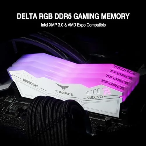 Close up of the white heat spreader and RGB light bar on the memory