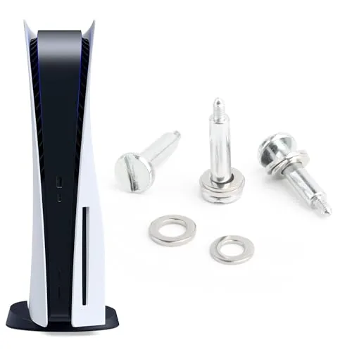 Three replacement base stand screws next to a PS5 console
