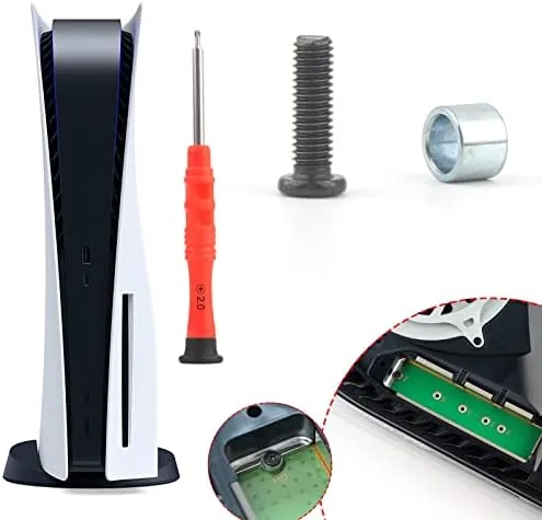 The PS5 SSD screw and ring replacement kit laid out on a table with screwdriver