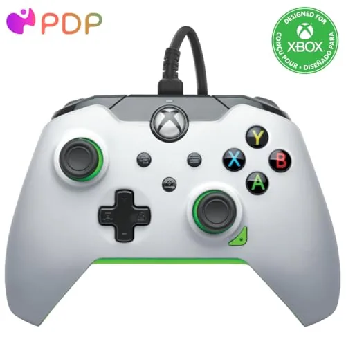 PDP wired Xbox controller in white and green with the cable attached