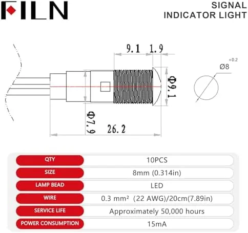 Close look at the 10PCS 8mm 5/16" Small 12V LED Indicator Lights IP67 Waterproof build quality