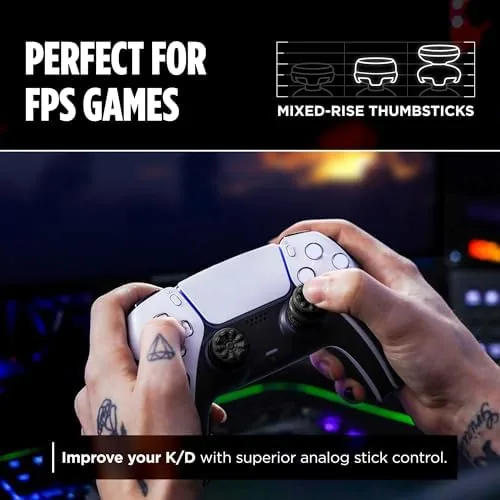 Hands on a DualSense with the FPS Freek sticks during a shooter
