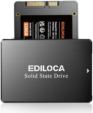 The Ediloca ES106 128GB SSD next to its retail box on a workbench