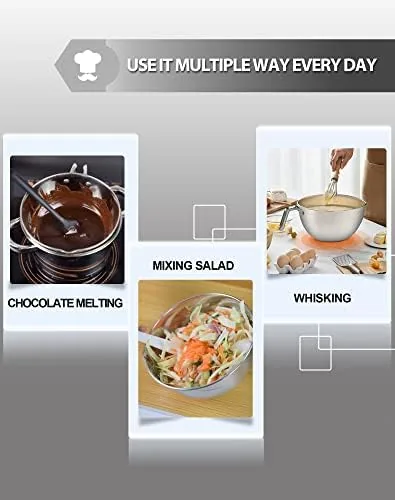A bowl of tempered dark chocolate with a glossy smooth surface next to the double boiler