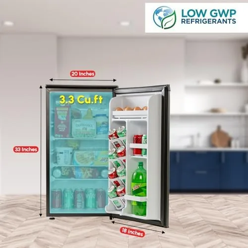 The open door showing the glass shelf and crisper drawer inside the E-Star fridge