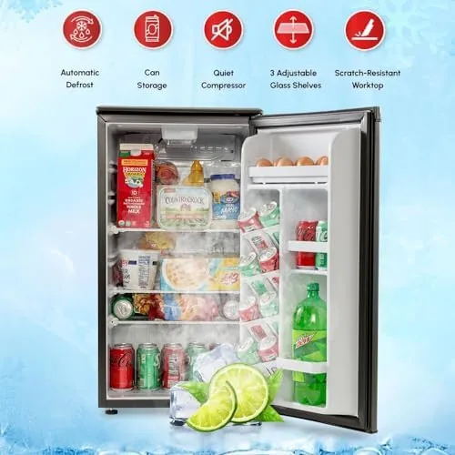 The E-Star fridge stocked with drinks, produce, and a covered bowl