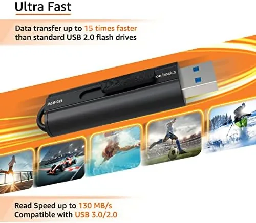 Detail shot of the Amazon Basics 256 GB Ultra Fast USB 3.1 Flash Drive features