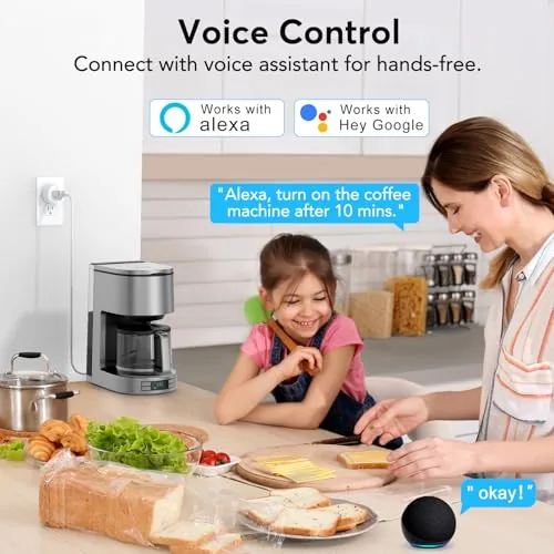 A Google Home speaker in a kitchen beside a lamp controlled by a smart plug