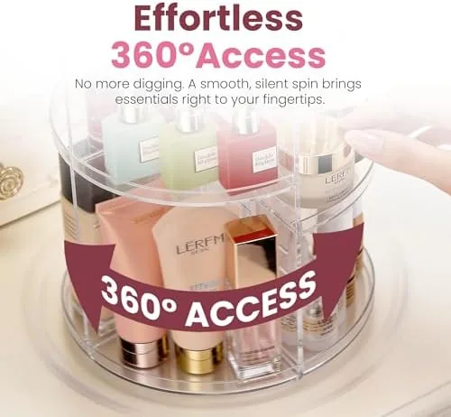 Masirs organizer loaded with cosmetics, skincare jars, and a perfume bottle