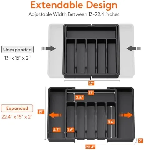 The organizer extended to its full width with utensils in each compartment