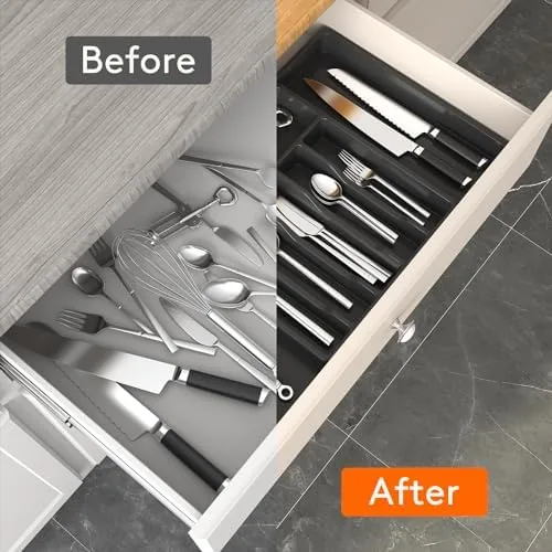 A neatly organized kitchen drawer using the Lifewit silverware organizer