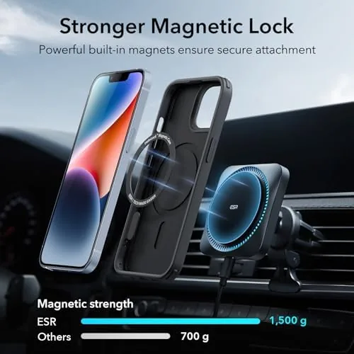 ESR case next to a MagSafe charger showing the magnetic alignment