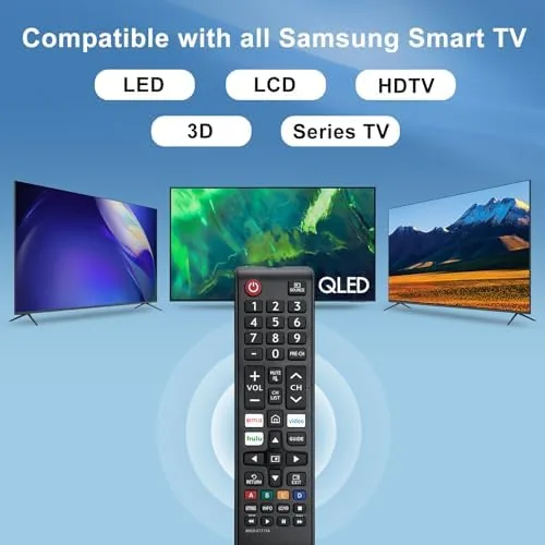 The universal remote operating a Samsung smart TV in a living room