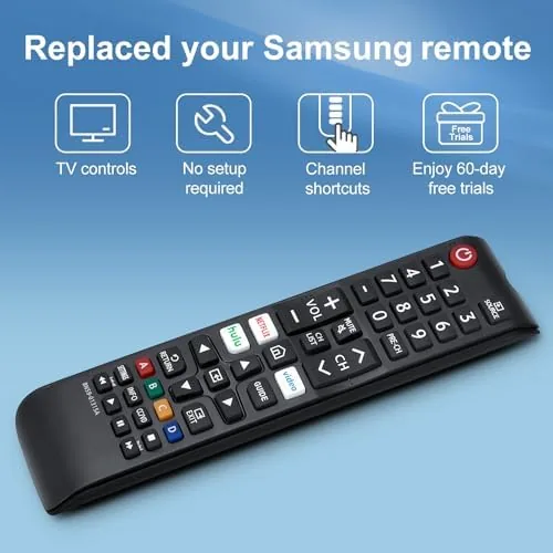 Close-up of the remote power button with the TV screen showing the home menu