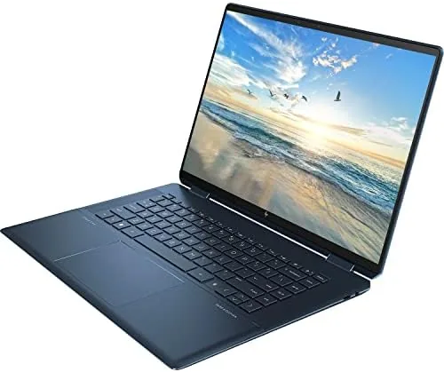 Spectre x360 16 next to a 512GB laptop showing storage capacity in system settings