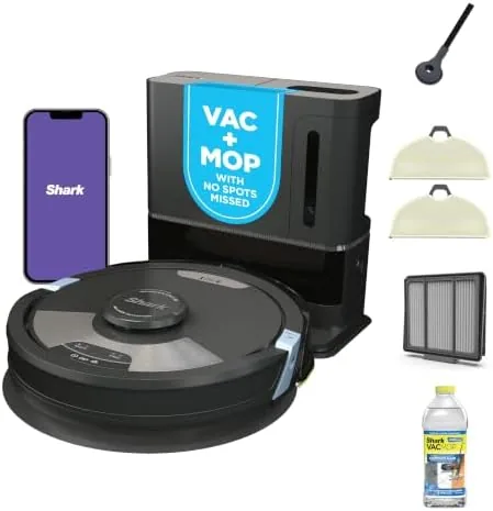 SharkMatrix Plus robot vacuum and mop on a hardwood floor beside its base
