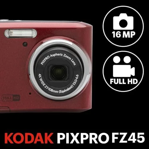 Red camera with four AA batteries and a spare set beside it