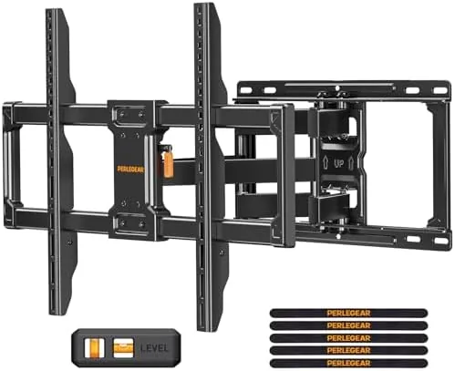 Perlegear full motion TV wall mount with the arm extended and TV attached