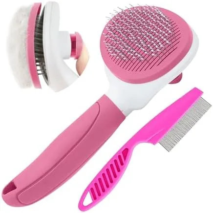 Pink self cleaning pet brush with retractable bristles