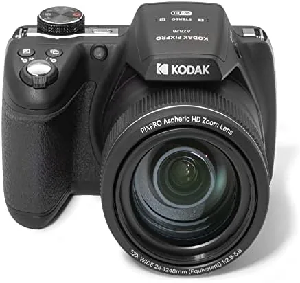 KODAK AZ528 next to a DSLR and a smartphone for size comparison