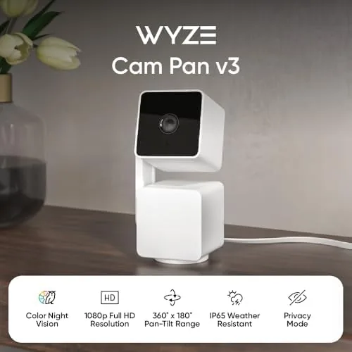 Close up of the Wyze Cam Pan v3 head showing the lens and light ring