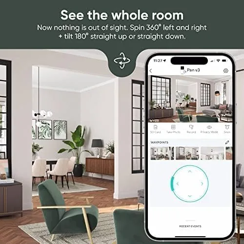 Wyze Cam Pan v3 live view shown on a smartphone in the app