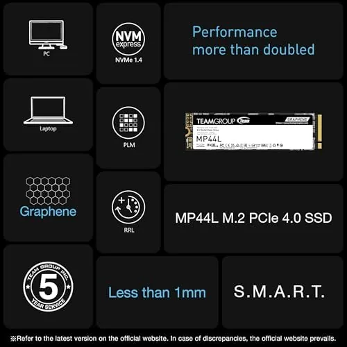 Detail shot of the TEAMGROUP MP44L 500GB SLC Cache NVMe 1.4 PCIe Gen 4x4 features