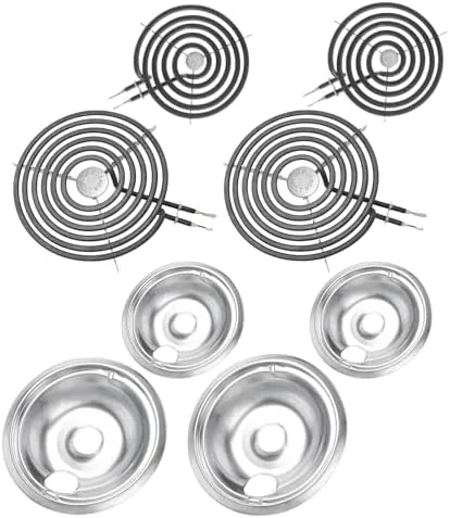 New GE drip pan and burner element set laid out on a kitchen counter