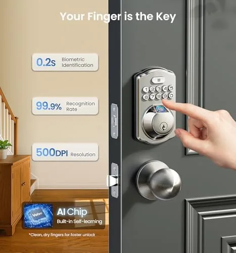 Close view of the backlit keypad and fingerprint sensor