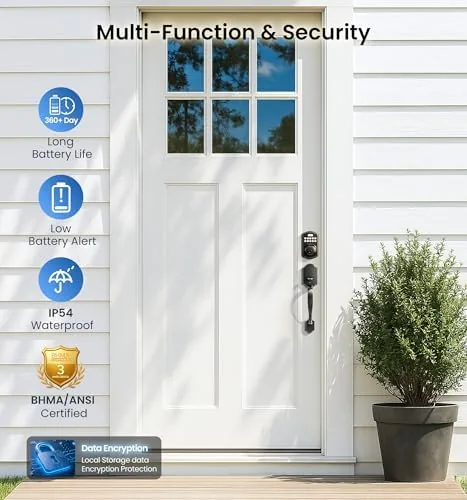 The KS02A next to a smart lock with an app and a keypad only deadbolt