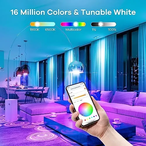 A living room lit by one of the smart bulbs in a warm white mode