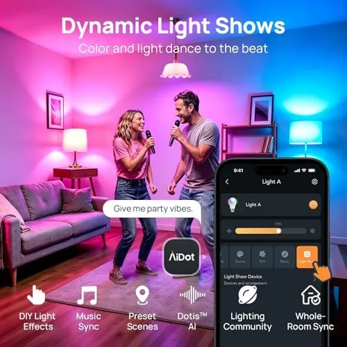 A bedroom lit in a cool bright white mode from the smart bulb