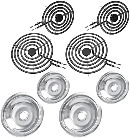 MP22YA replacement burner elements and silver drip pans laid out on a counter