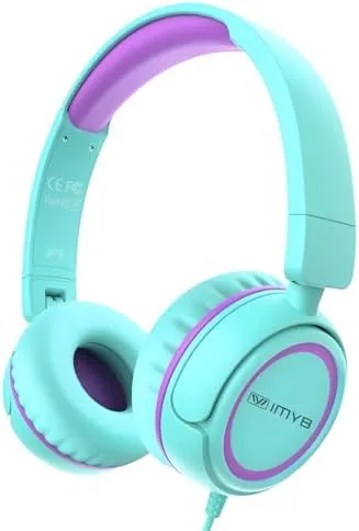 IMYB V1 kids headphones in green folded flat on a desk
